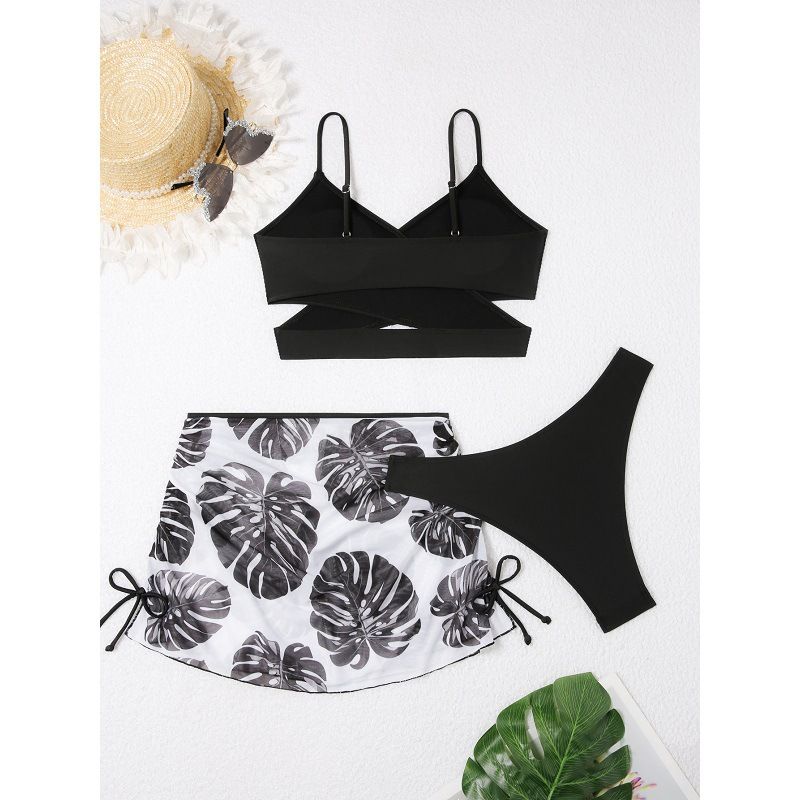 New Spot Bathing Suit Women Feel Thin Printed Short Skirt Strap Halter Bikini Three-piece Set_desvips.com