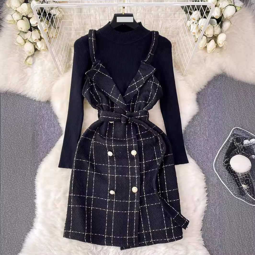Women's Clothing fashion retro celebrity style double breasted waist suspender dress with knitted sweater suit skirt_desvips.com