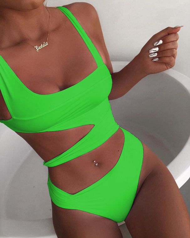 Women's new solid color one-piece swimsuit solid color one-piece bikini women's hollow swimsuit bikini_desvips.com