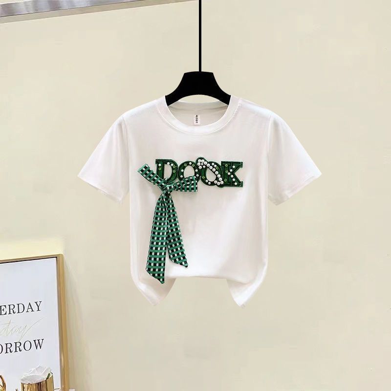 Women's Clothing fashion color matching embroidery short-sleeved T-shirt raw edge hip-wrapped A-line high waist denim skirt_desvips.com