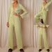 Women's fashion sexy deep V cardigan long sleeve pajamas two-piece set_desvips.com