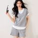 Summer New Miu Casual Sports Suit For Women, 2025, Color-blocked Fake Two-piece Short-sleeve Shorts Set_desvips.com