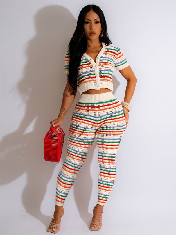 Women's Clothing summer new sexy knitted contrast color short sleeved trousers tight suit_desvips.com