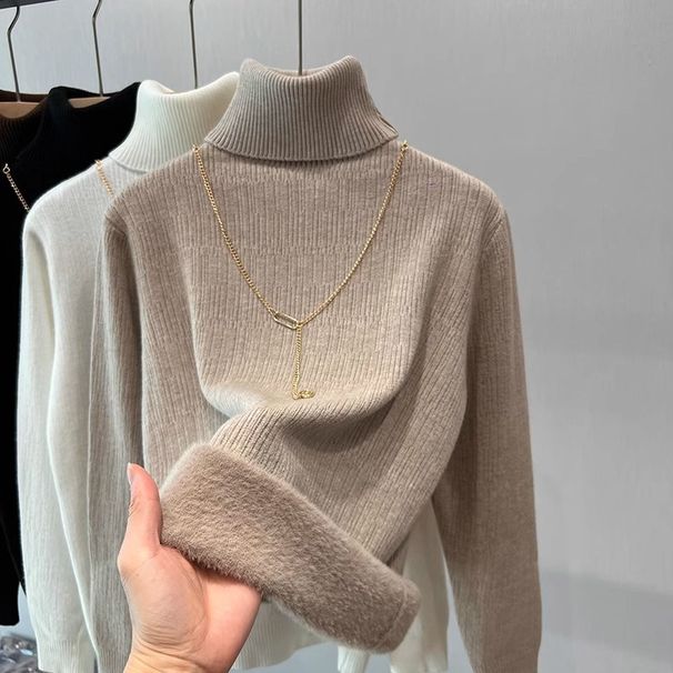 Women's Fleece-Lined High Neck Thermal Sweater - Soft & Warm Winter Pullover, Loose Fit, Long Sleeve, Casual & Elegant (Black/White/Brown/Khaki)_desvips.com
