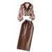 Women's Clothing collar floral chiffon shirt high waist tight PU leather skirt female high end outfit two piece suit_desvips.com
