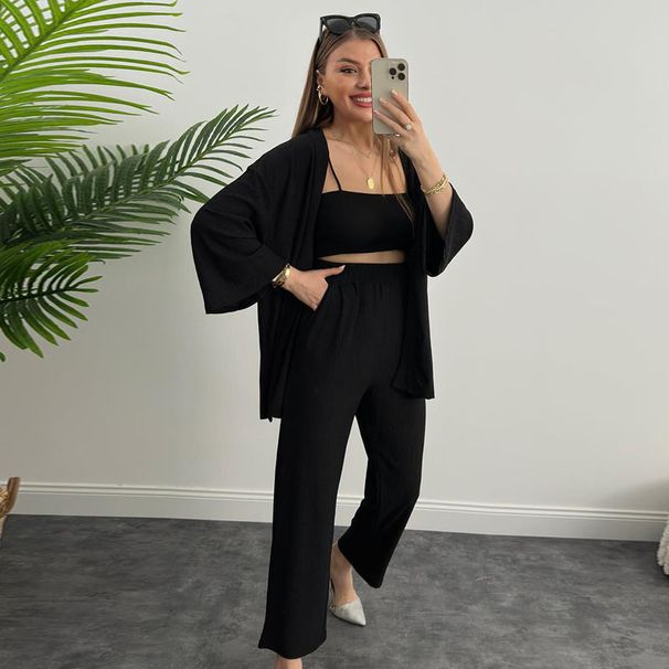 women’s clothing solid color casual wrinkled cardigan two piece set with loose casual long sved trousers cardigan suit_desvips.com