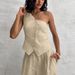 Women's Commuter Fashion Khaki Off-shoulder Cotton and Linen Vest Trousers Two-piece Set _desvips.com