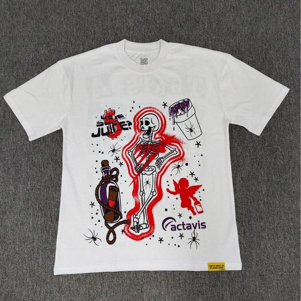 Skull Angel Spider Graffiti Print Short Sleeve T-shirt Men Loose Crew Neck Cotton Vintage Streetwear Casual Tee_desvips.com