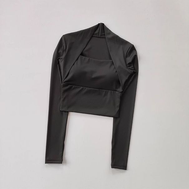 Women's Fitness Long-sleeved Top With Camisole And Chest Cushion, Quick-drying Short Sports Top, Yoga Suit_desvips.com