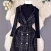 Women's retro celebrity style double-breasted waist suspender dress with knitted sweater suit skirt_desvips.com
