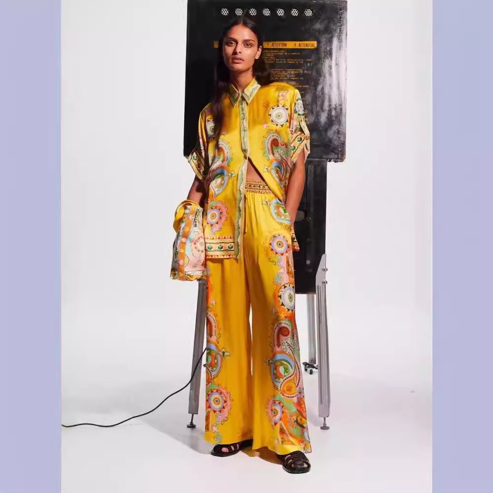 Women's Clothing fashion satin print flower short-sleeved holiday leisure tie suit_desvips.com