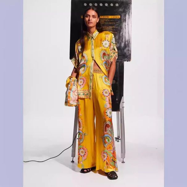 Women's Clothing fashion satin print flower short-sleeved holiday leisure tie suit_desvips.com