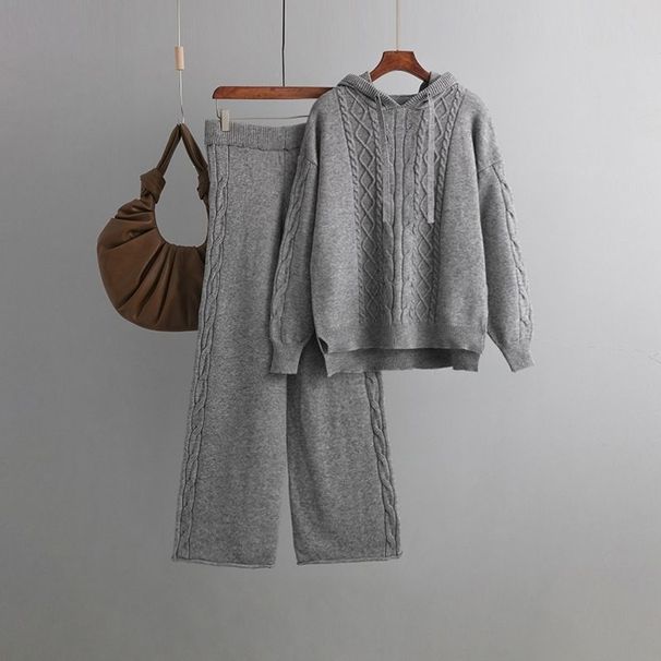 Autumn Winter New Knitted Hooded Drawstring Ribbed Sweatshirt Wide-Leg Pants Two-Piece Set Fashionable Elegant_desvips.com