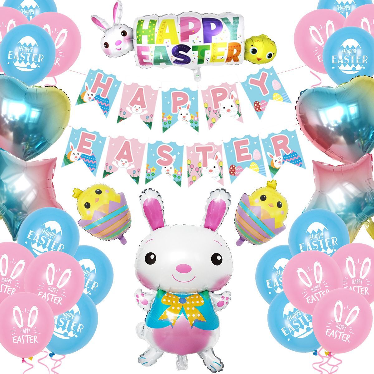 Happy Balloons Easter Chick Horizontal Stripes 12inch Bunny Ear Egg Balloon Set_desvips.com