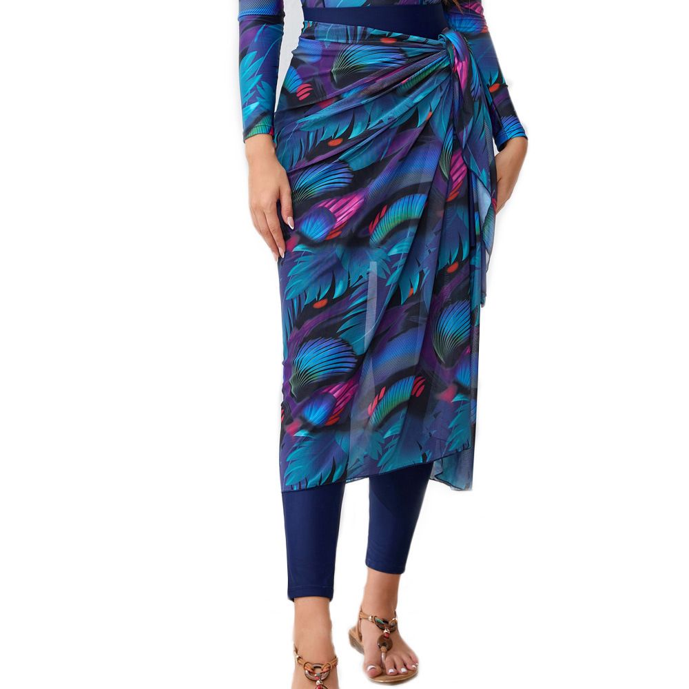 Muslim Swimwear 3 Piece Muslim Swimsuit Printed Conservative Beach Swimsuit + Chest Pad + Apron Scarf Separate_desvips.com