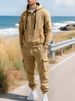 Men's Fleece Hooded Zip-Up Jacket & Cargo Pants Set - Streetwear Casual Outfit For Fall Winter, Multi-Pocket Utility Style (Khaki, Navy)_desvips.com