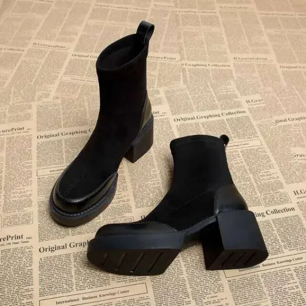 Short Shoes For Woman Black Women's Ankle Boots Sock Footwear Combat Booties Very High Heels Suede Punk Style Heeled_desvips.com