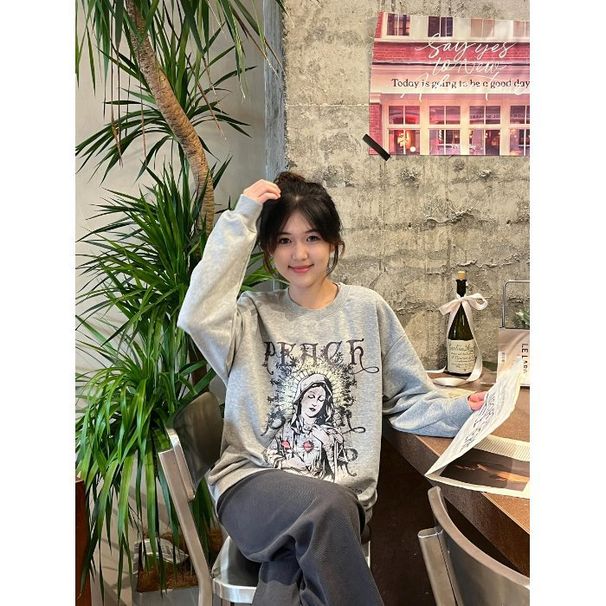 Korean Japanese Style Hoodless Top With Print, Fashionable Round-neck Sweatshirt For Women, Trendy High Street Sports_desvips.com