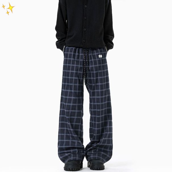 Plaid Pants, Light-flare American Retro Large-size Casual Trousers, New Street Personality Contrasting Striped Plaid Loose Wide-leg Casual_desvips.com