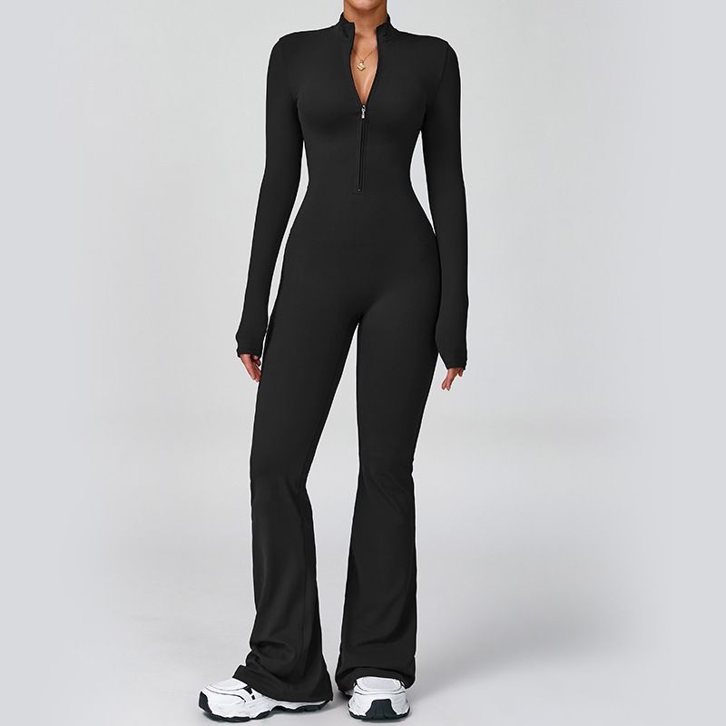 Cross-Border Quick-Dry Sweat-Wicking Long-Sleeve Yoga Jumpsuit For Women Fitness Sports One-Piece Flared Pants_desvips.com