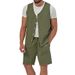 Men's Cotton And Linen Suit Casual Sleeveless Cardigan Shorts Two-Piece Suit_desvips.com