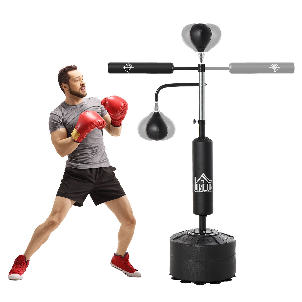 Sacco Boxe Da Terra 4 In 1 Con 2 Speedball, Barra Girevole E Sacco, Altezza Regolabile Da 160-230cm, Nero_desvips.com