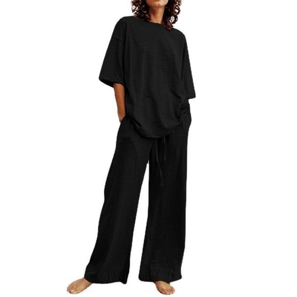 Fashion Women's 2-Piece 2026 Summer Casual Belt Pocket Half Sleeve O-Neck Top And Wide-Leg Pants Set_desvips.com