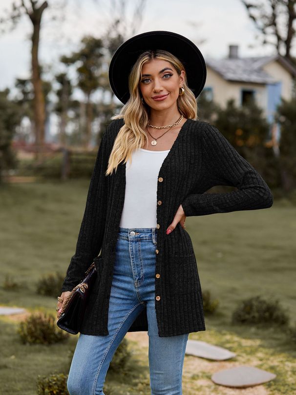 New women's clothing women's brushed pit strip solid color long-sleeved women's cardigan jacket_desvips.com