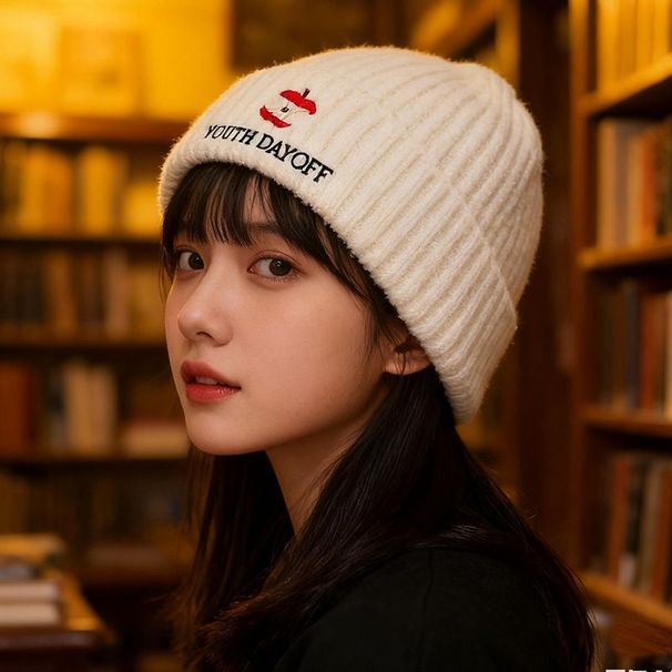 2025 Autumn Winter Warm Women With Fruit Embroidery Knitted Outdoor Windproof Cycling Face Slimming Pullover Cold Hat_desvips.com