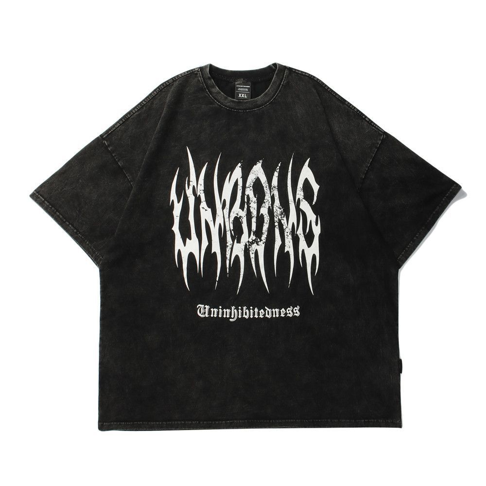 Dark Style Abstract Print Short T-Shirt For Men, Washed And Distressed, Loose Fit, Trendy Five-Quarter Sleeve, Summer_desvips.com