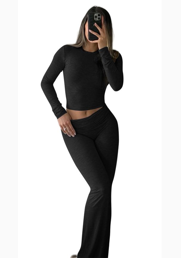 Foreign Trade Casual Workout Women's Round Neck Long Sleeve Low Waist Flared Pants Sportswear Wholesale Two-Piece Set_desvips.com