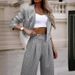 Women's Clothing temperament casual striped short lapel suit straight pants suit_desvips.com