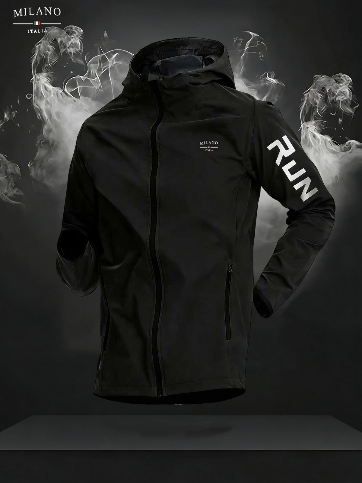 Men's Milano Italia Lightweight Hooded Running Windbreaker Jacket, Full Zip Up Waterproof Casual Sports Coat With "RUN"_desvips.com