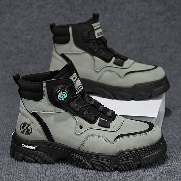 Autumn Winter New Leather High-top Martin Fashion Rotating Buckle Slip-on Outdoor Sports Yellow Men's Boots_desvips.com