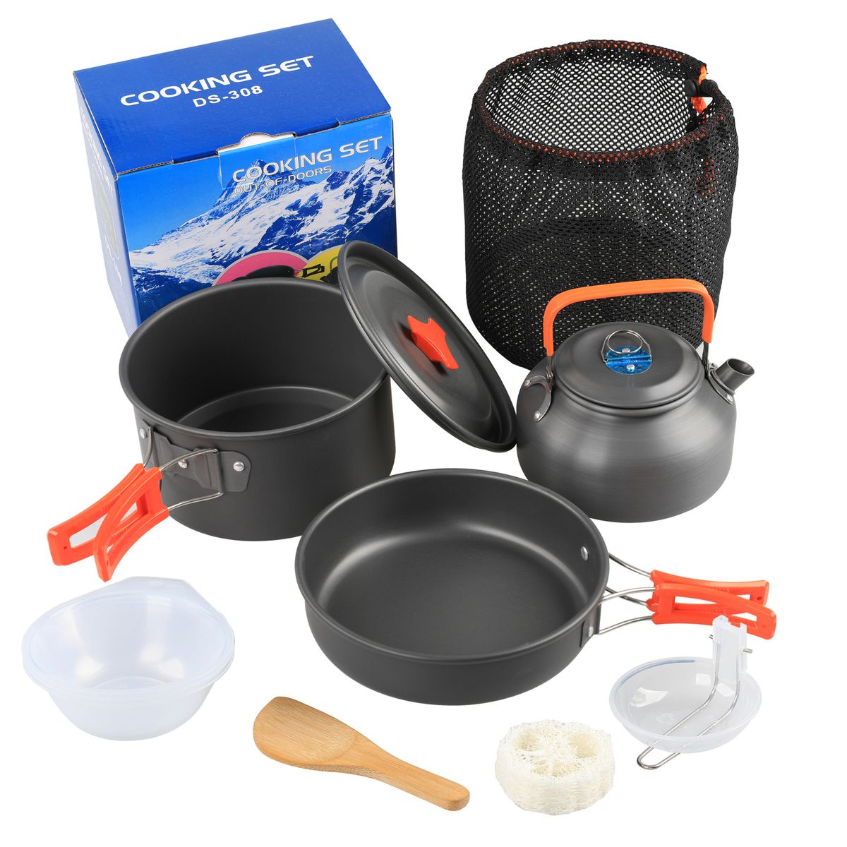 Outdoor Teapot Set With Accessories DS 308 Pot Set Combination Alumina Material Portable Camping Pot Set Teapot_desvips.com