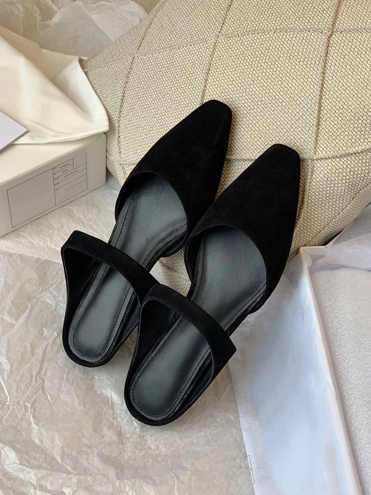 Manufacturers wholesale genuine leather suede retro Mary Jane women's shoes closed toe half slippers women's flat heel pointed toe soft bottom sandals_desvips.com