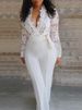 Women's sexy deep v white see-through lace splicing jumpsuit _desvips.com