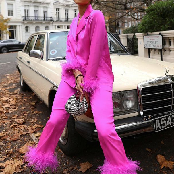 Women's Clothing Spring New Style Temperament Sexy Suit Collar Top Casual Straight Pants Satin Two piece Set_desvips.com