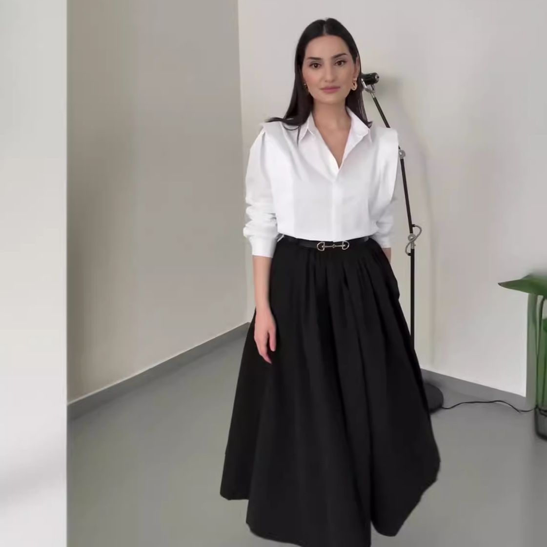 Women's Clothing all match solid color shirt high waist large swing skirt two piece suit_desvips.com