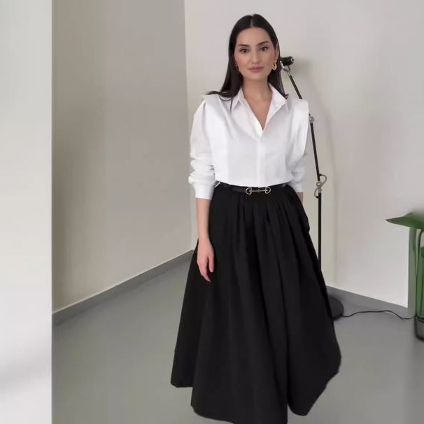 Women's Clothing all match solid color shirt high waist large swing skirt two piece suit_desvips.com