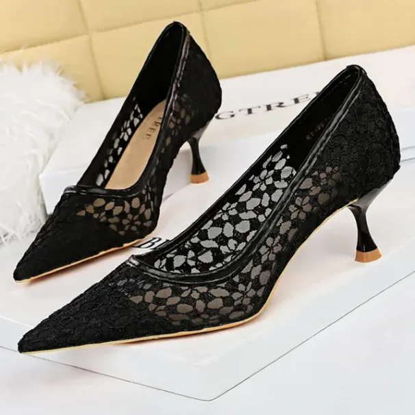 BIGTREE Mesh Cutout Lace Women Pumps Kitten Sexy Banquet Shoes Stiletto Fashion Ladies Heels Plus Size 43 Sandals 4_desvips.com