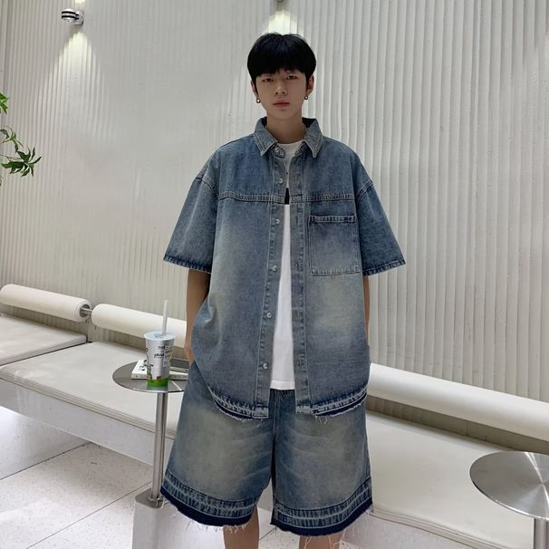 men's Clothing Denim Suit Short-sleeved Shirt Men's Street Wear Shorts Washed Casual Loose Matching Handsome Set_desvips.com