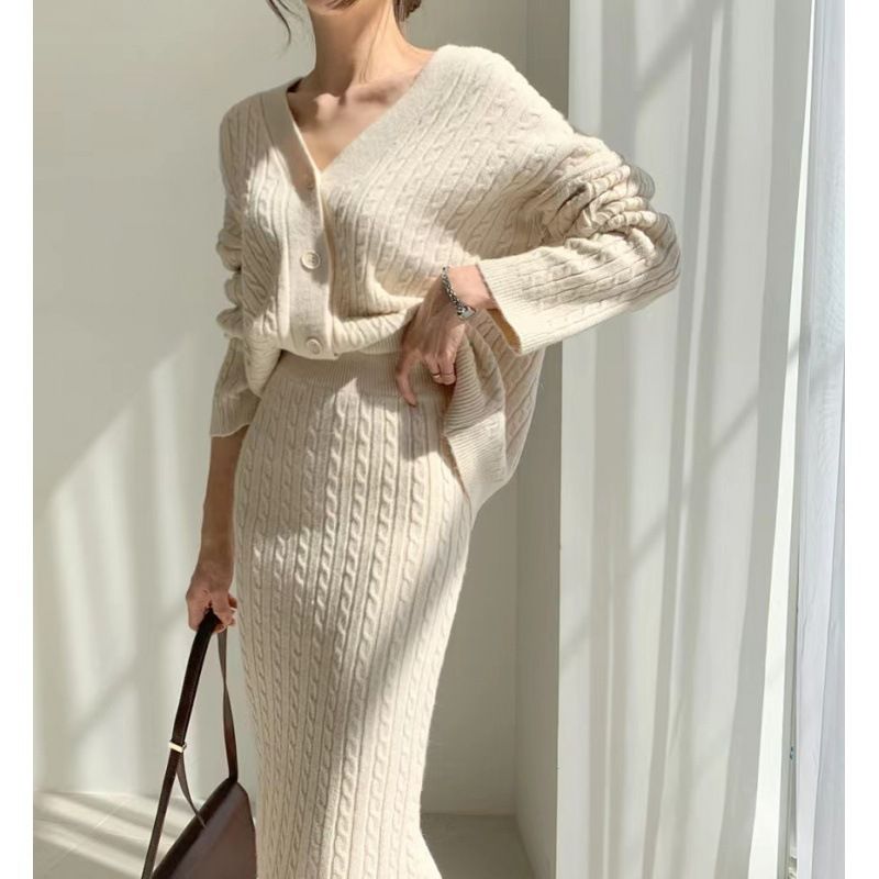 Women's Clothing elegant V-neck linen pattern knitted cardigan sweater + high waist sheath skirt_desvips.com