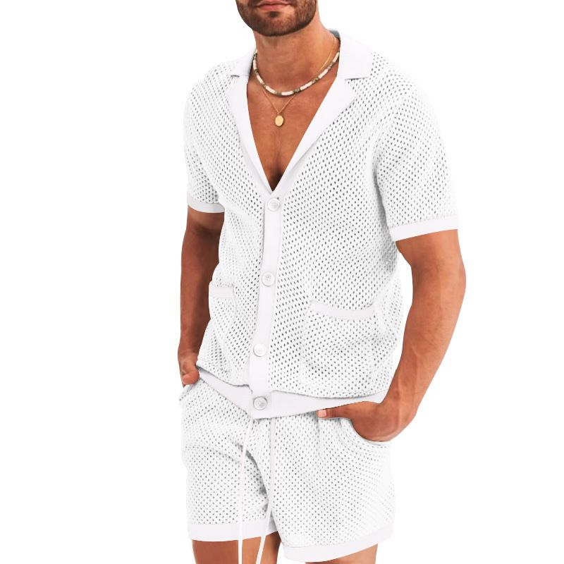 Men's hollowed out perspective cool casual thin men's short sleeved shorts set_desvips.com