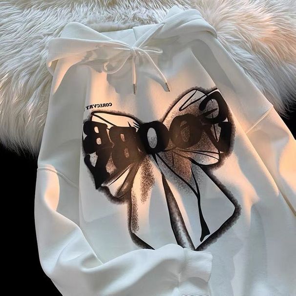 Design Niche Bowknot Print Hooded Sweatshirt For Women Autumn American Hip Hop Couple White Jacket_desvips.com