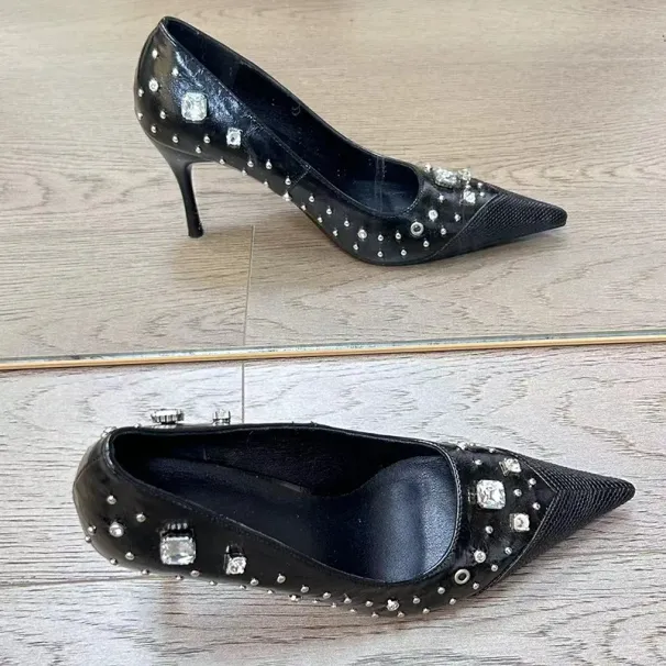 Spring And 2024 New European American Spicy Girl Style Pointed High Heels Women's Punk Rivet Water Dia Baotou Single_desvips.com