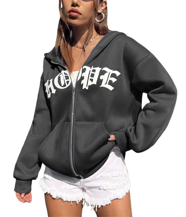 Letter Print Unisex Warm Loose Zip Hoodie Sweatshirt_desvips.com