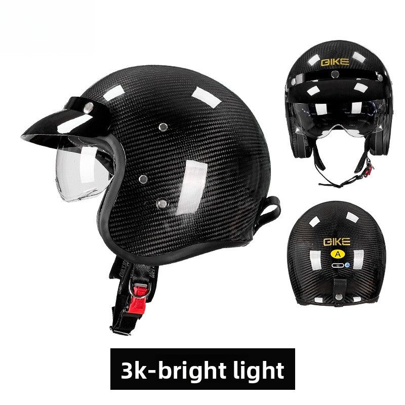 QIKE Motorcycle Carbon Fiber Retro For Men And Women American Style Cruiser Half With Inner Visor Three-Quarter Helmet_desvips.com