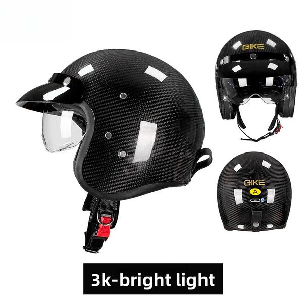 QIKE Motorcycle Carbon Fiber Retro For Men And Women American Style Cruiser Half With Inner Visor Three-Quarter Helmet_desvips.com