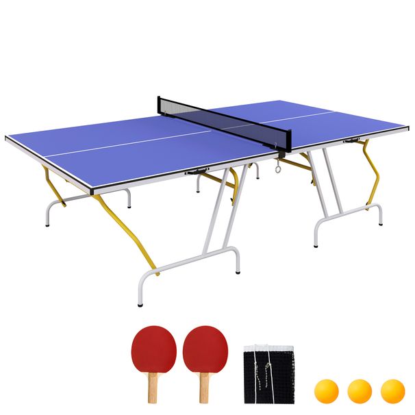 Tischtennisplatte, Klappbar, Inkl. 2 Schläger, 3 Bälle, Netz, Indoor, Metallgestell, 274x152x76cm, Blau_desvips.com